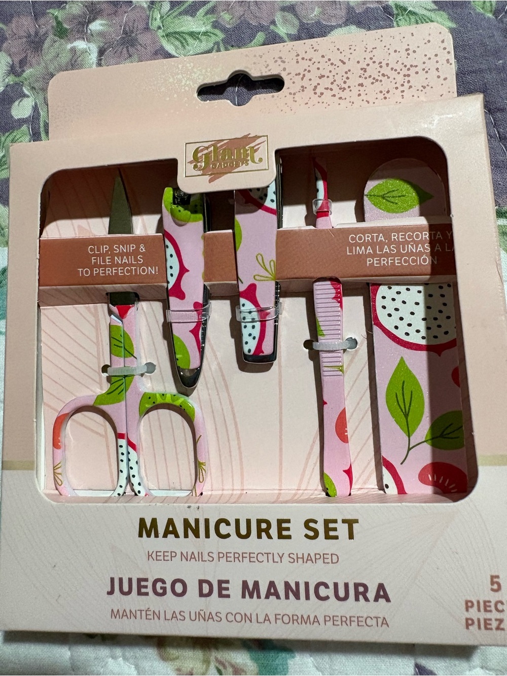 glam Pink Fruit Pattern 5-Piece Manicure Set with Green Leaf Accents